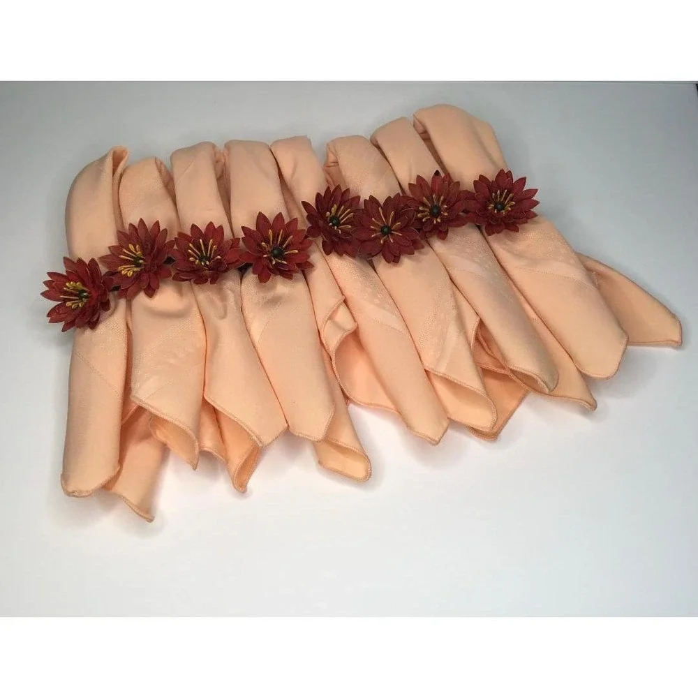 Vintage Style Floral Napkin Rings and Peach Cloth Napkins Boho Whimsical Cottage